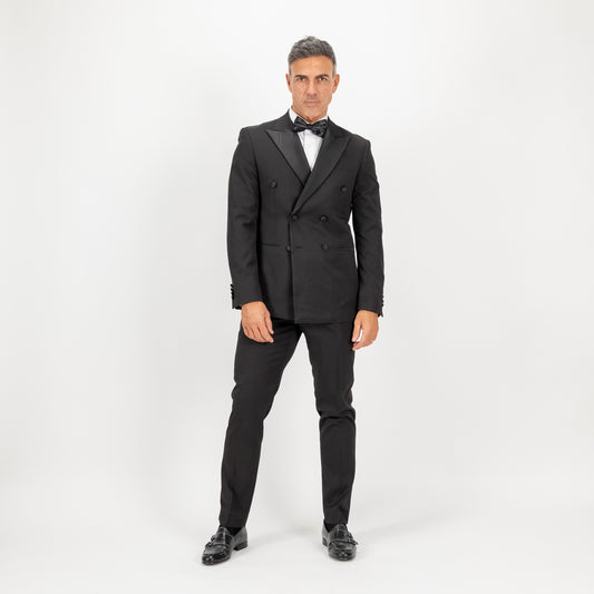 Abito smoking doppiopetto con rever e bottoni effetto seta - Nero