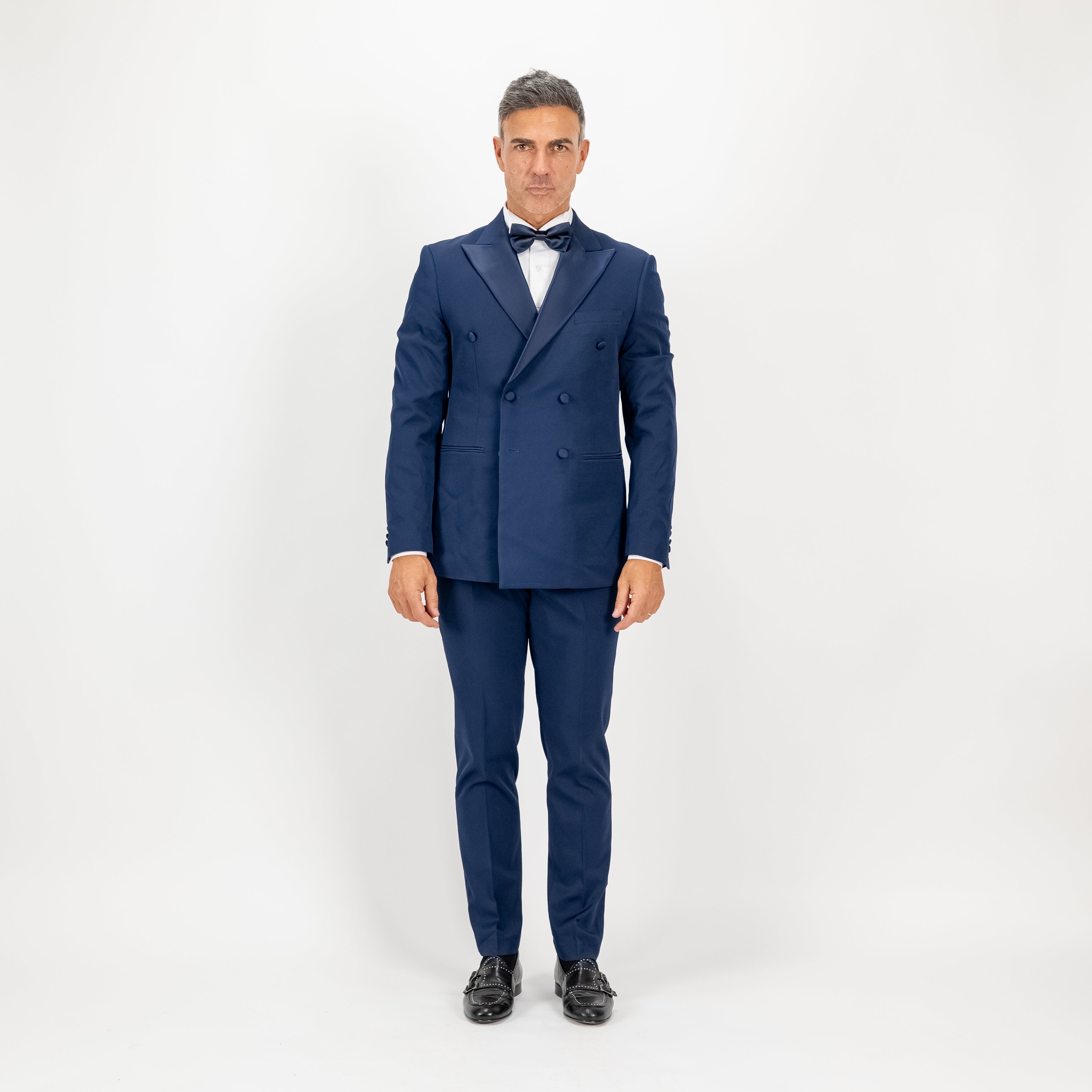 Traje de esmoquin cruzado con solapas y botones efecto seda - Azul medianoche