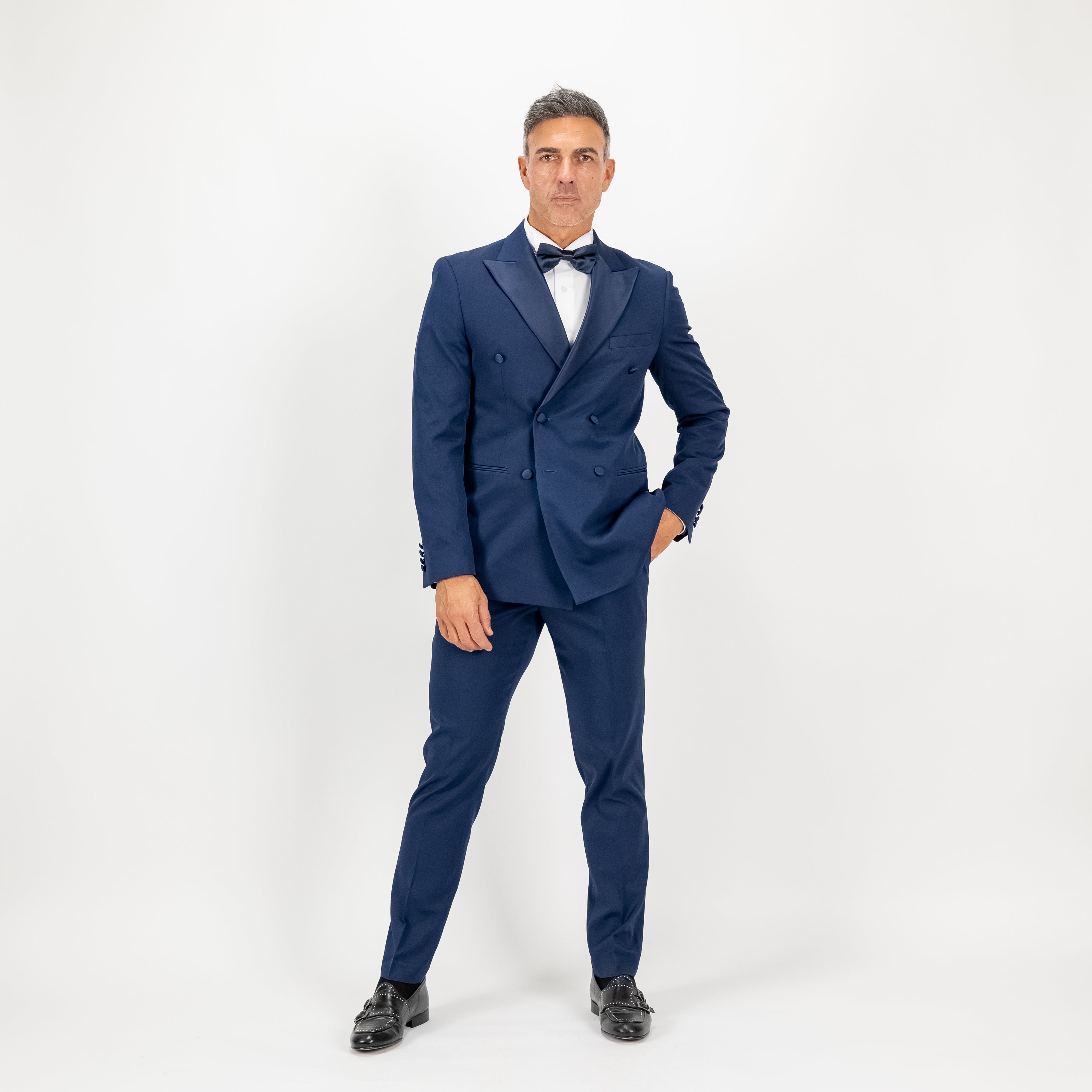 Traje de esmoquin cruzado con solapas y botones efecto seda - Azul medianoche