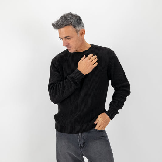 Maglione girocollo con trama a coste - Nero