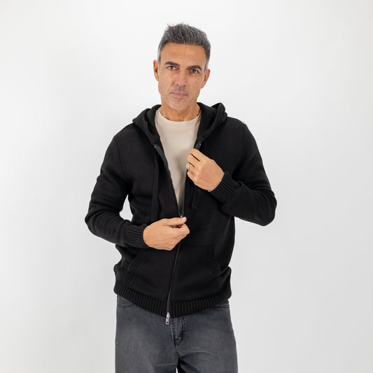 Felpa con cappuccio in misto lana - Nero