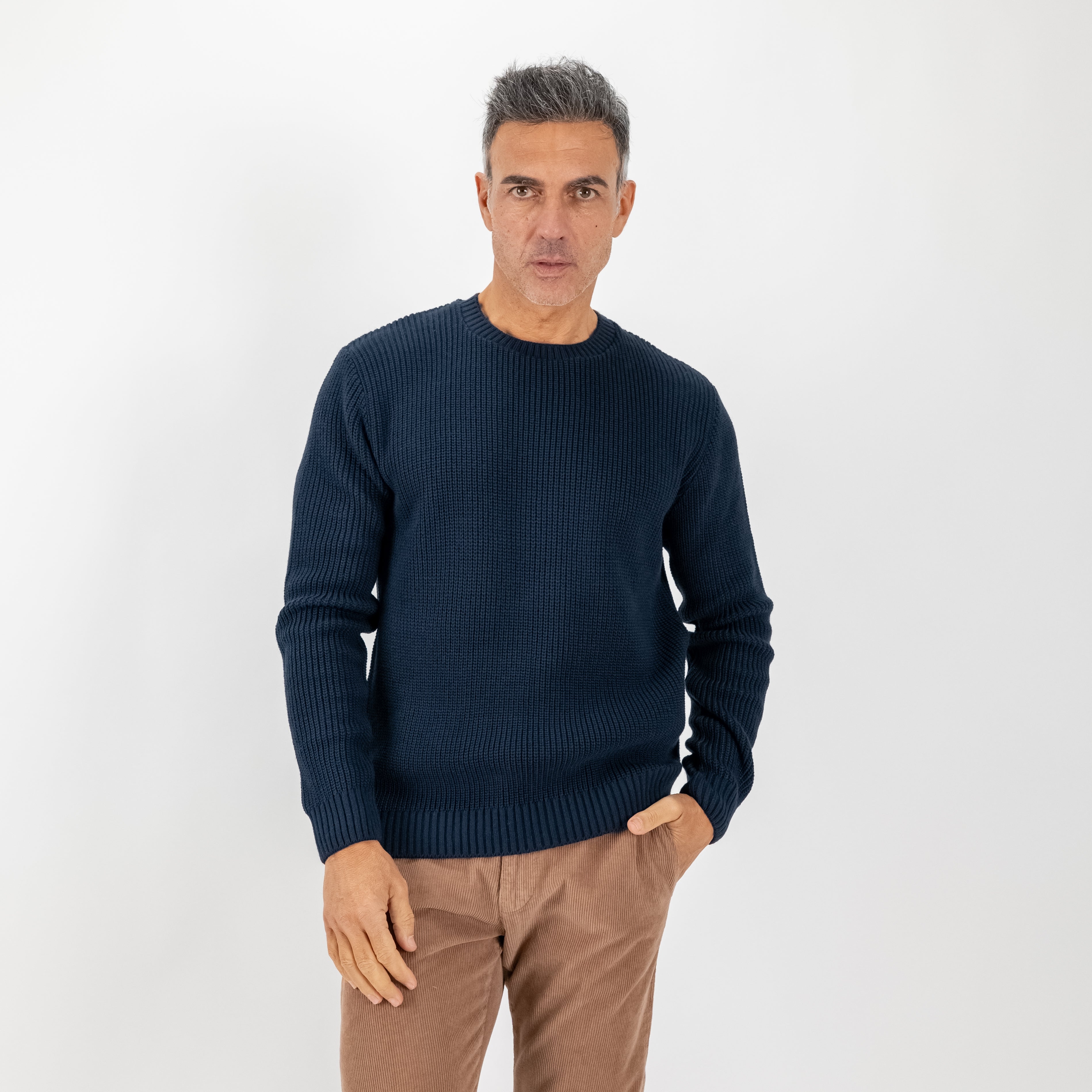 Maglione girocollo con trama a coste - Blu