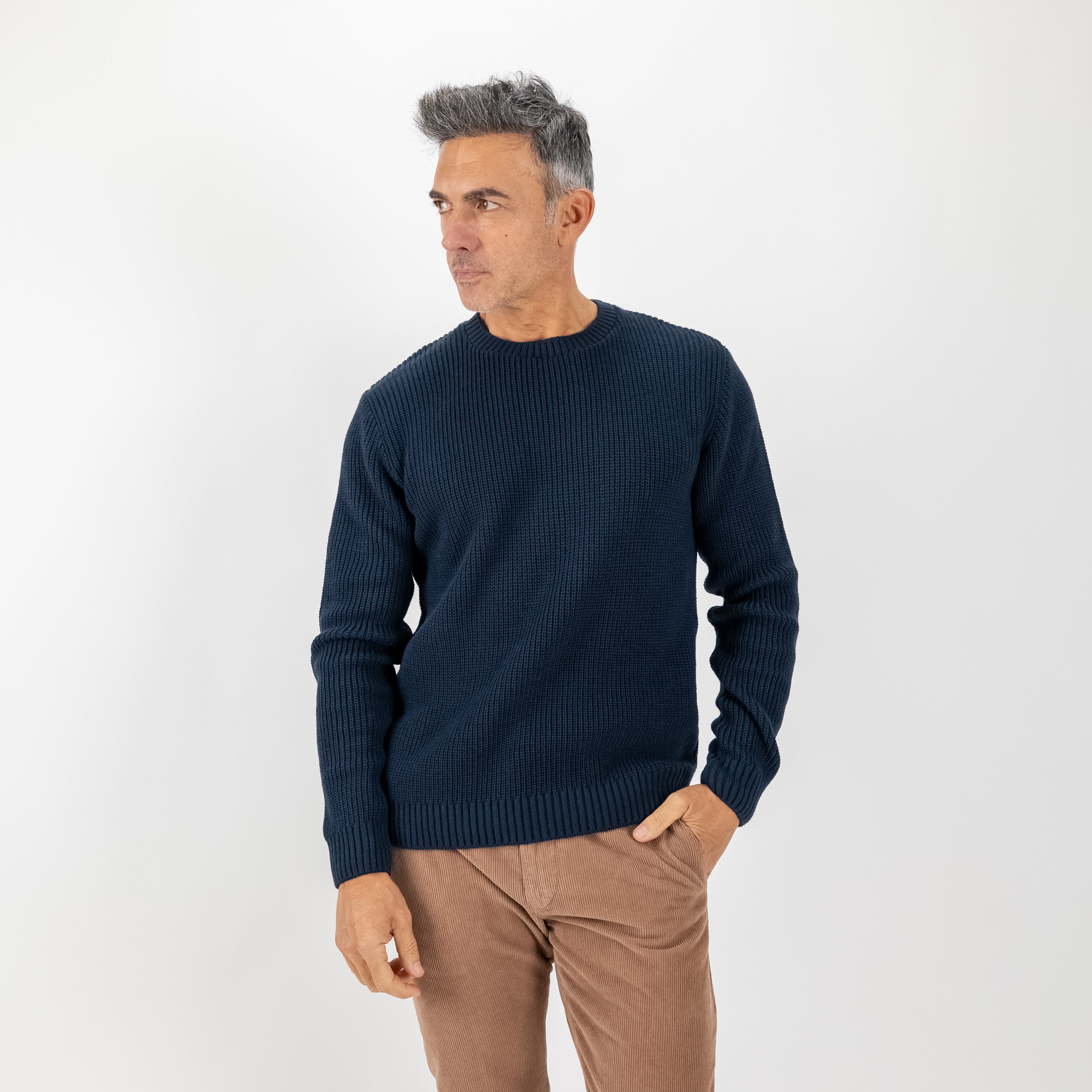 Maglione girocollo con trama a coste - Blu