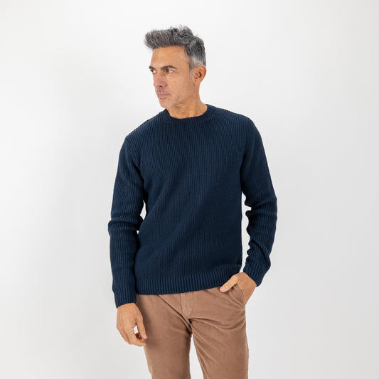 Maglione girocollo con trama a coste - Blu