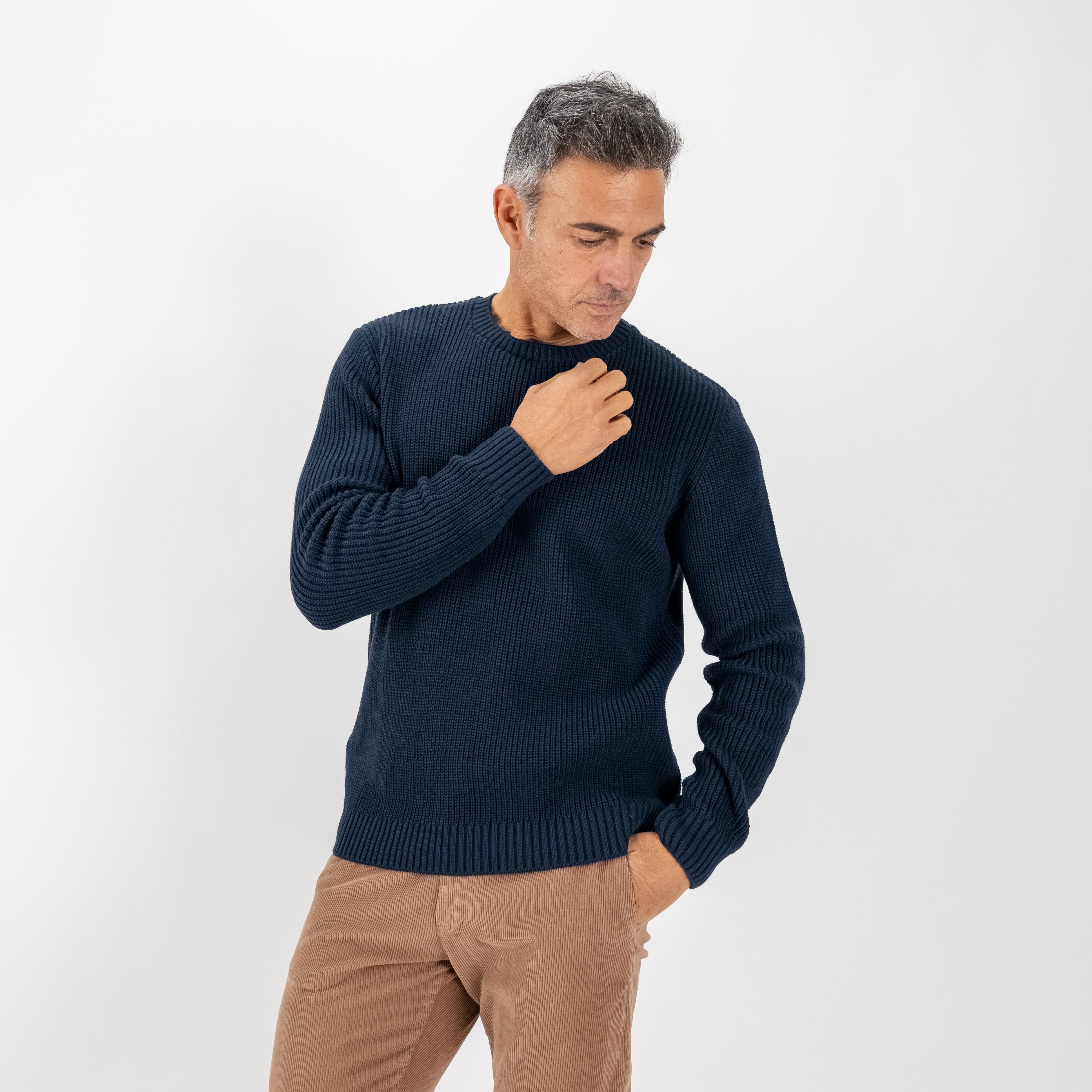 Maglione girocollo con trama a coste - Blu