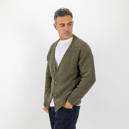 Cardigan bouclé taglio dritto - Verde Militare