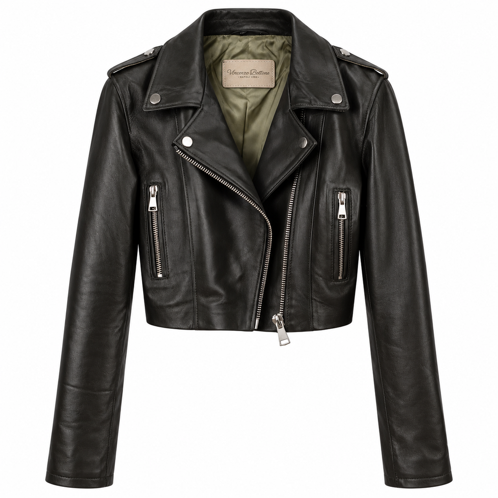 Chiodo Crop per Donna in vera pelle - Militare