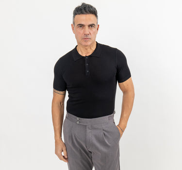 Short Sleeve Thread Polo Shirt with Buttons - Black