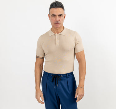 Short Sleeve Thread Polo Shirt with Buttons - Beige