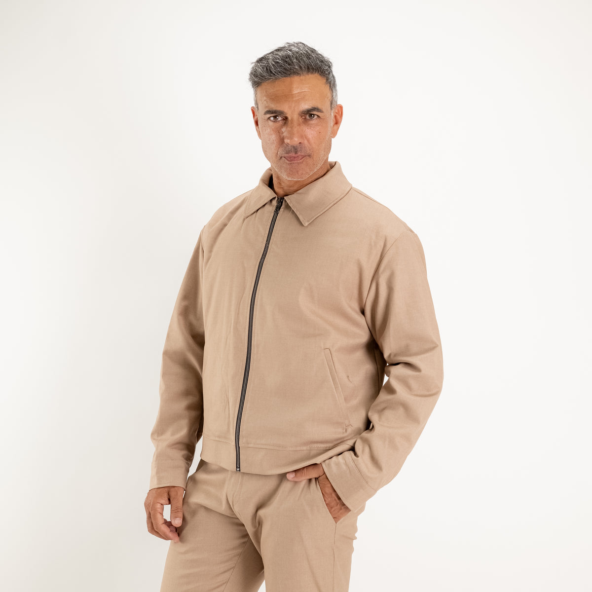 Ensemble veste zippée et pantalon avec élastique au dos - Beige