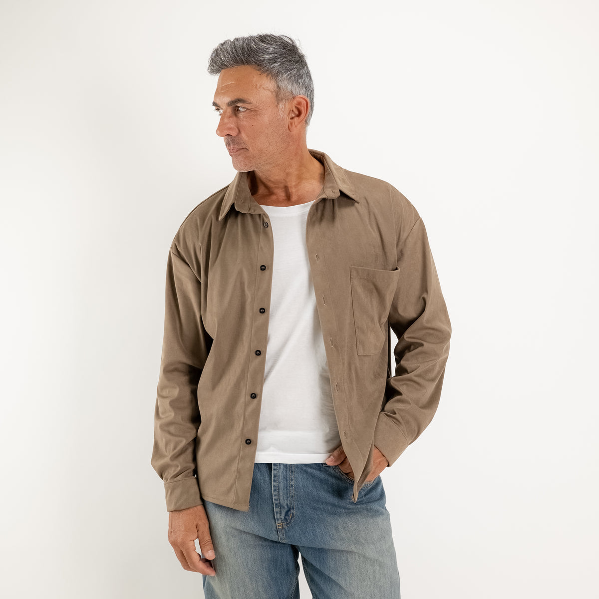 Hemd aus Stoff in Wildleder-Optik – Taupe