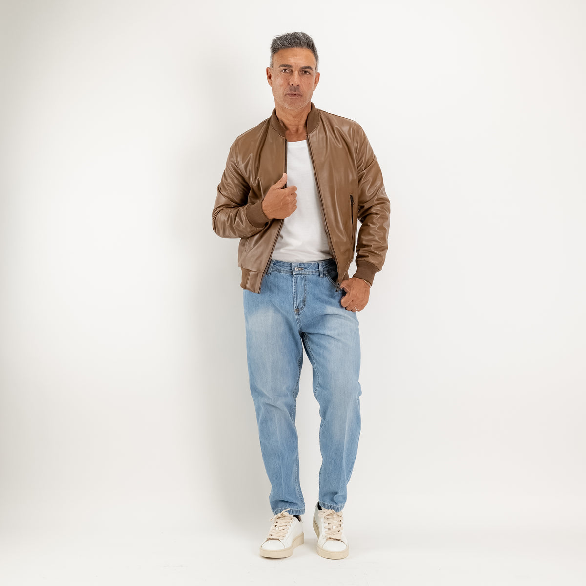 College aus echtem Leder - Haselnuss
