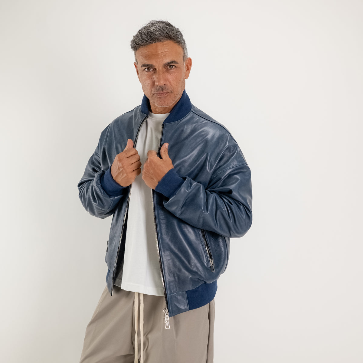 Veste universitaire oversize en cuir véritable - Bleu délavé