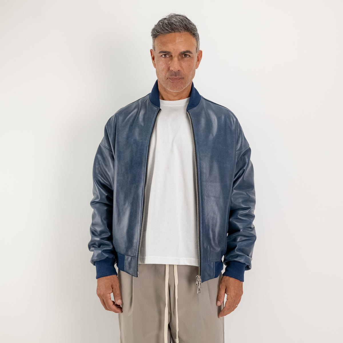 Veste universitaire oversize en cuir véritable - Bleu délavé