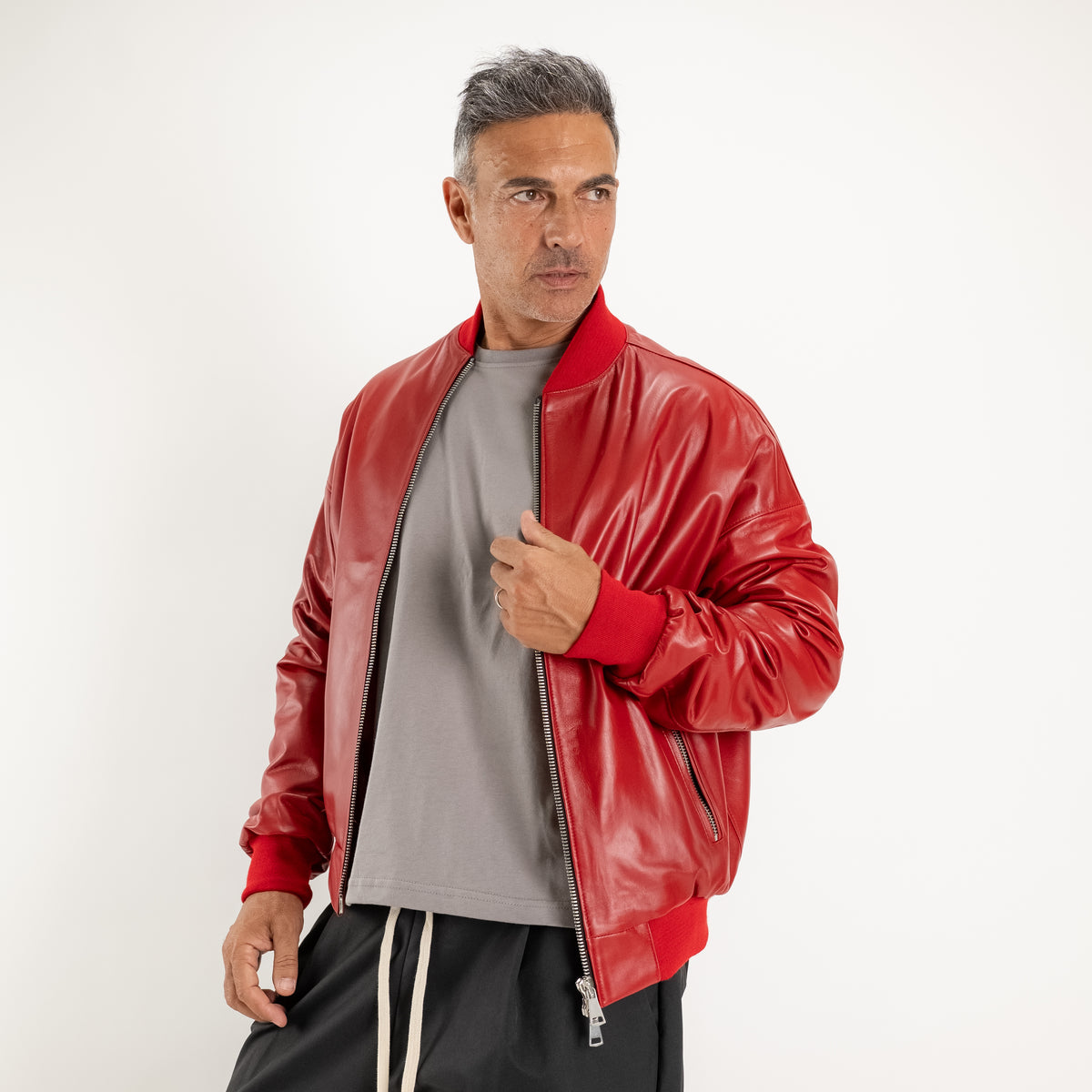 Veste universitaire oversize en cuir véritable - Rouge