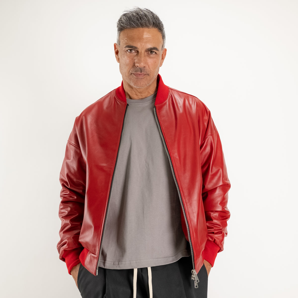 Veste universitaire oversize en cuir véritable - Rouge