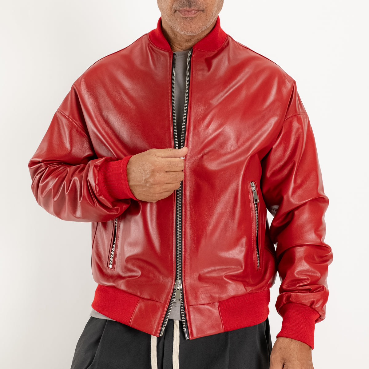 Veste universitaire oversize en cuir véritable - Rouge