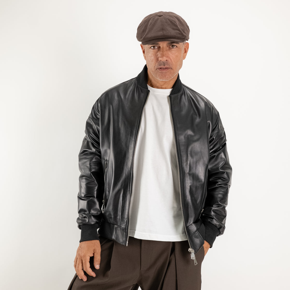 Oversized collegejack van echt leer - Zwart