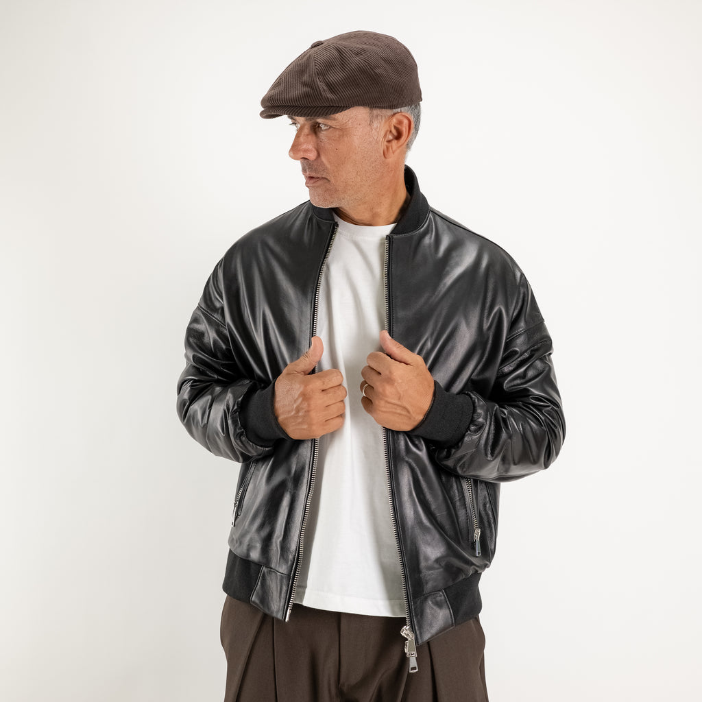 Oversized collegejack van echt leer - Zwart