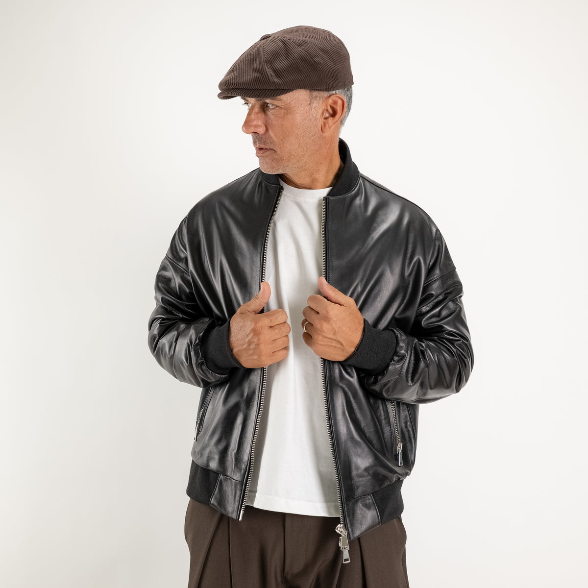 Oversized collegejack van echt leer - Zwart