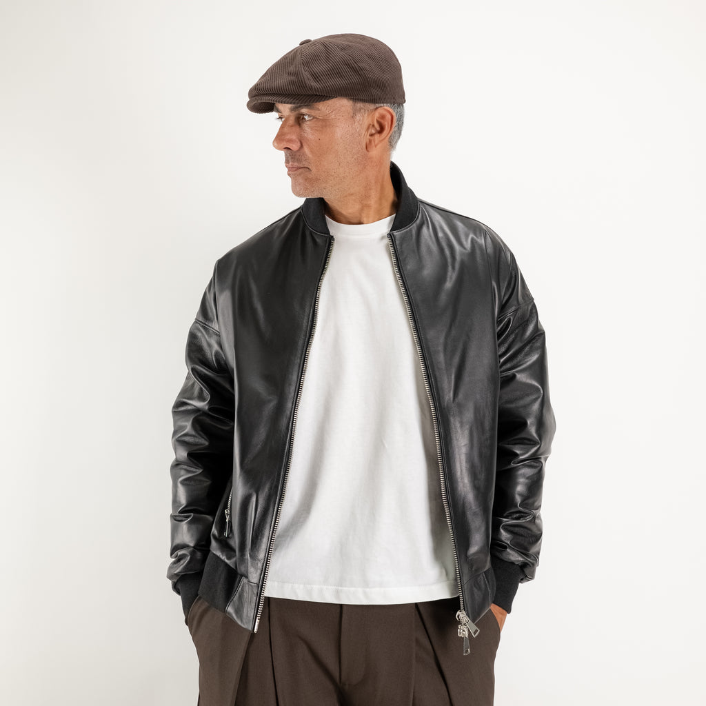 Oversized collegejack van echt leer - Zwart
