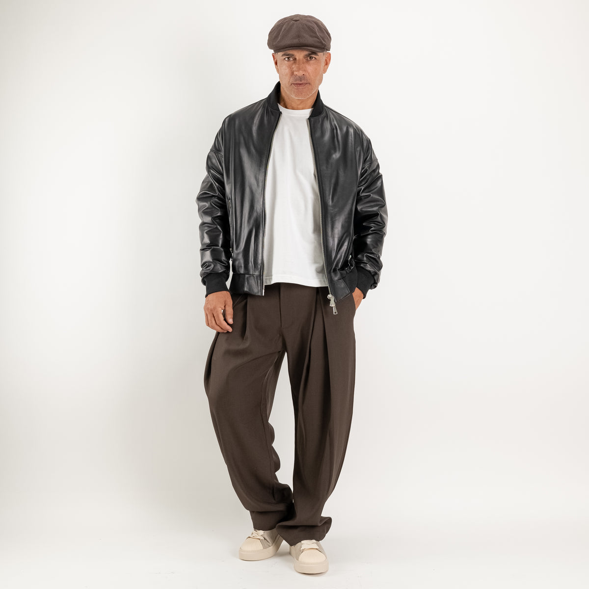 Oversized collegejack van echt leer - Zwart