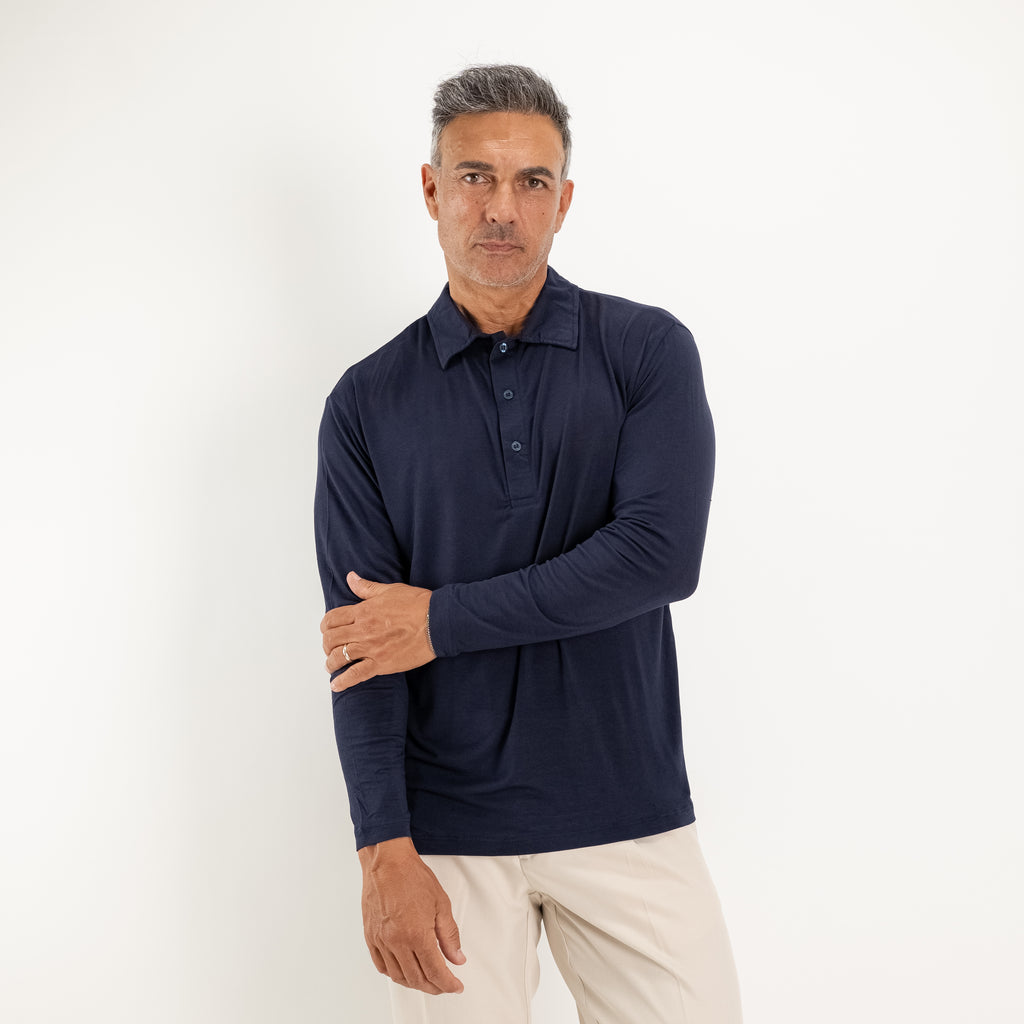 Ultraleichtes Stretch-Langarm-Polo - Blau