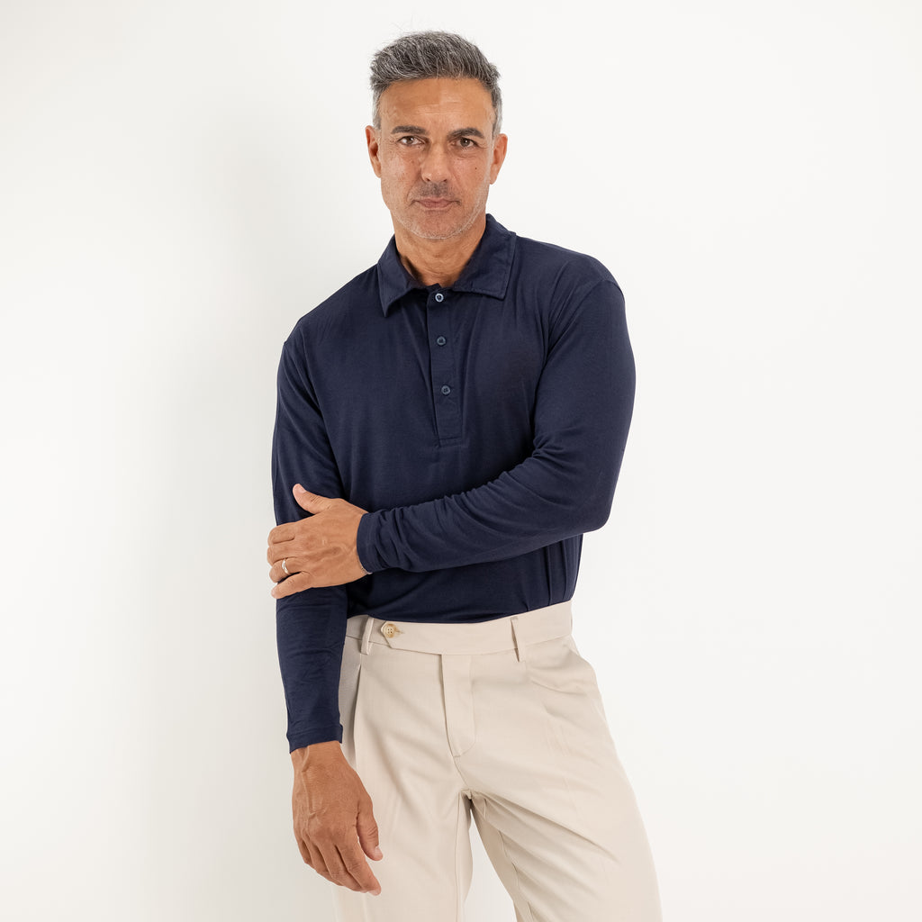 Ultraleichtes Stretch-Langarm-Polo - Blau
