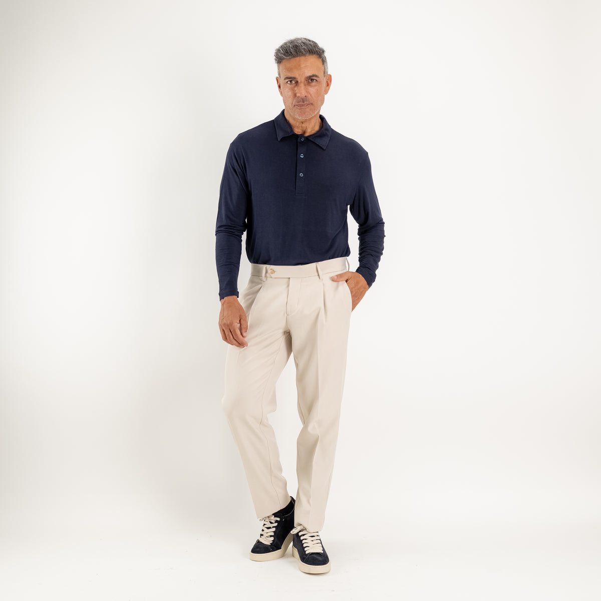 Ultraleichtes Stretch-Langarm-Polo - Blau