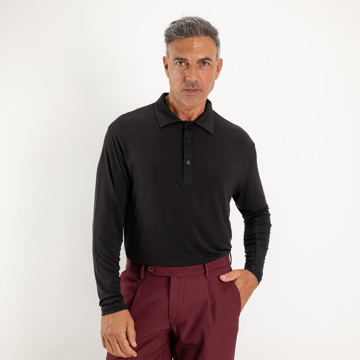 Ultra-leichtes Stretch-Langarm-Polo - Schwarz