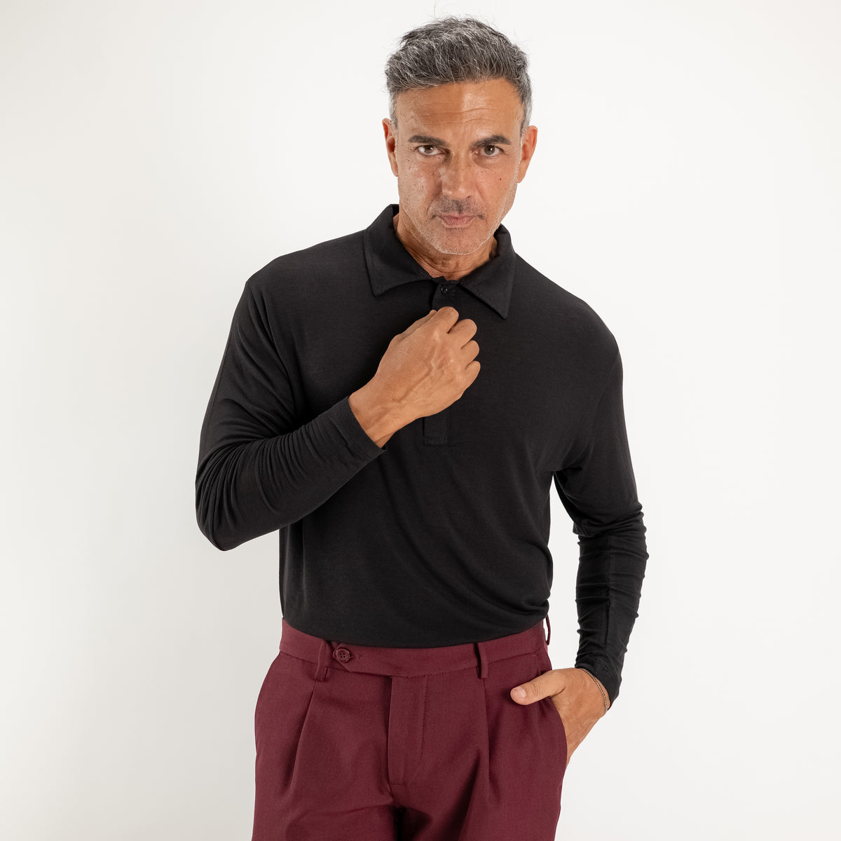 Ultra-leichtes Stretch-Langarm-Polo - Schwarz