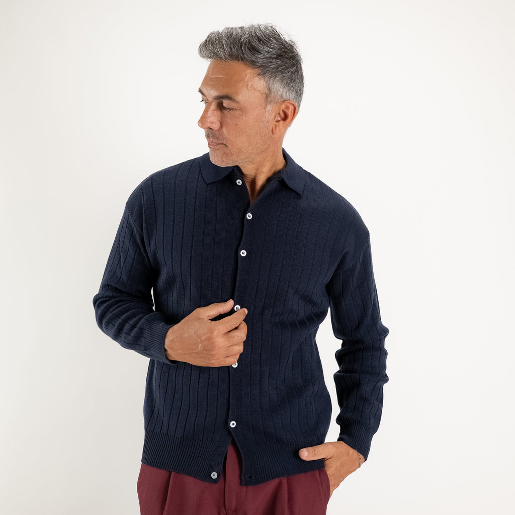 Strickjacke mit Polokragen - Blau