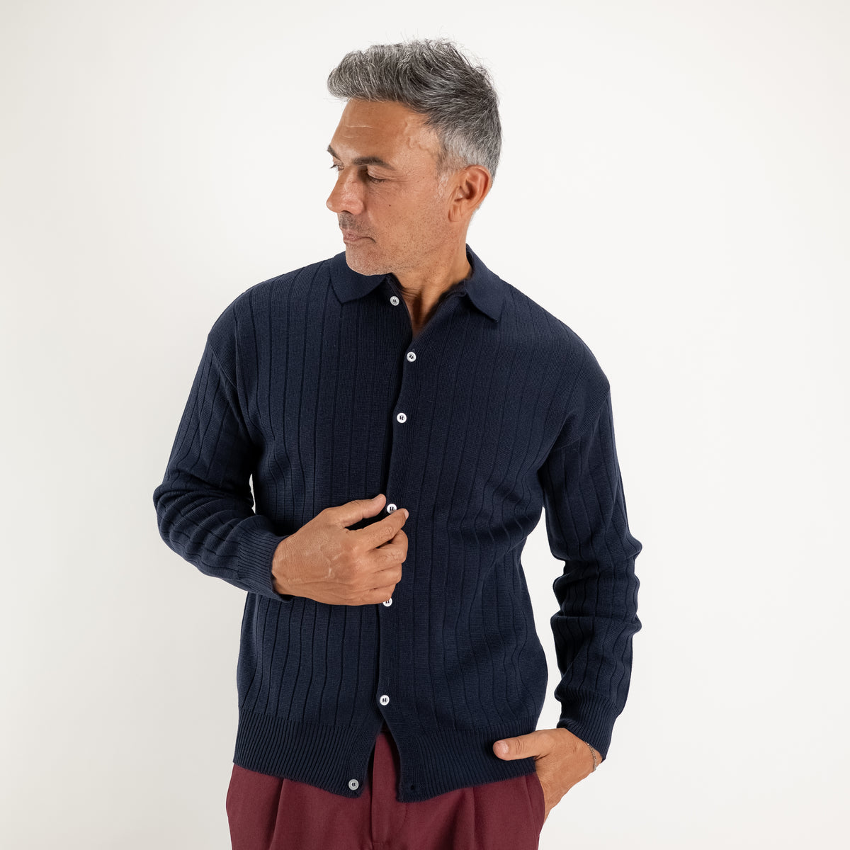 Strickjacke mit Polokragen - Blau