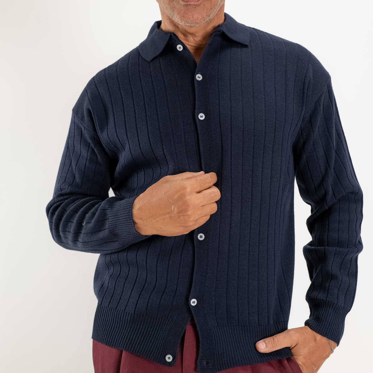 Strickjacke mit Polokragen - Blau