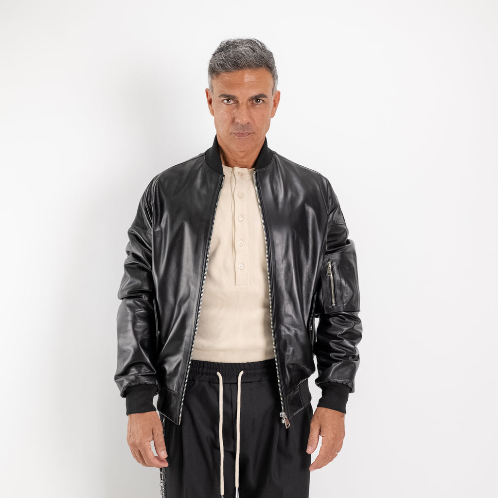 Bomber in Vera Pelle con Tasca Utility - Nero