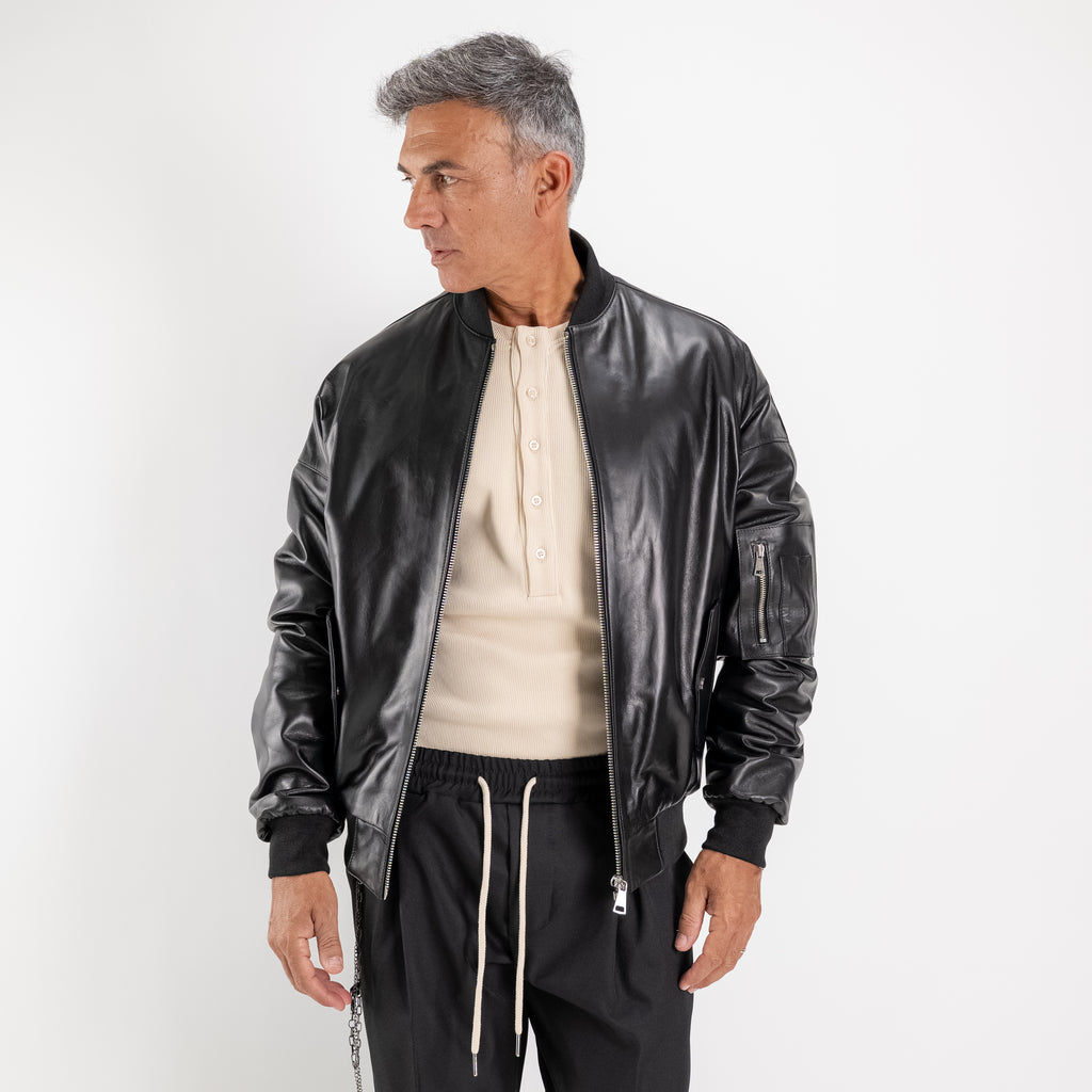 Bomber in Vera Pelle con Tasca Utility - Nero