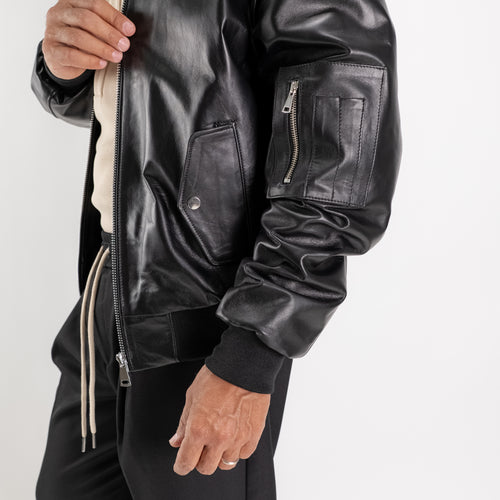 Bomber in Vera Pelle con Tasca Utility - Nero