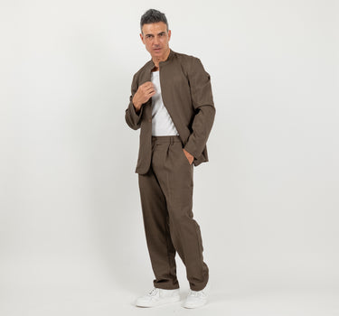 Coordinato con giacca coreana e pantalone palazzo - Marrone