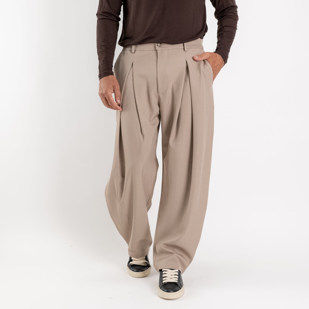 Pantalone palazzo con pinces larga - Beige