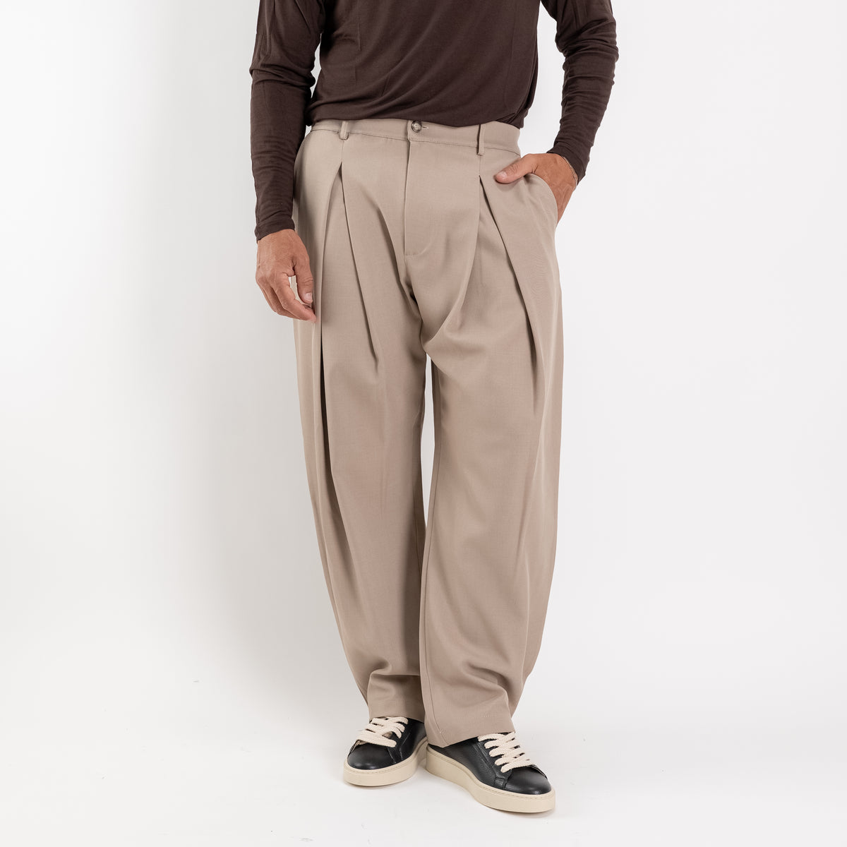 Pantalone palazzo con pinces larga - Beige