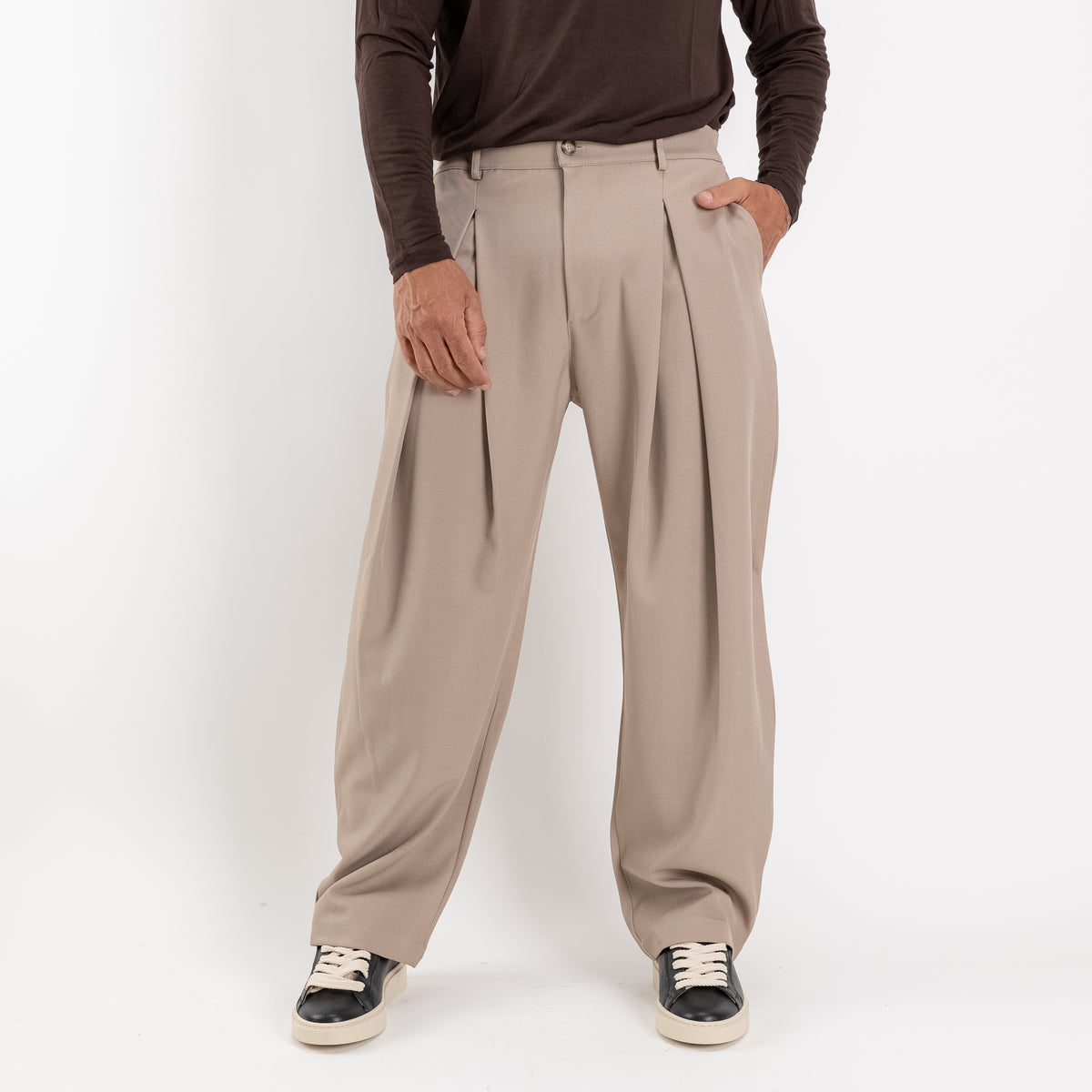 Pantalone palazzo con pinces larga - Beige