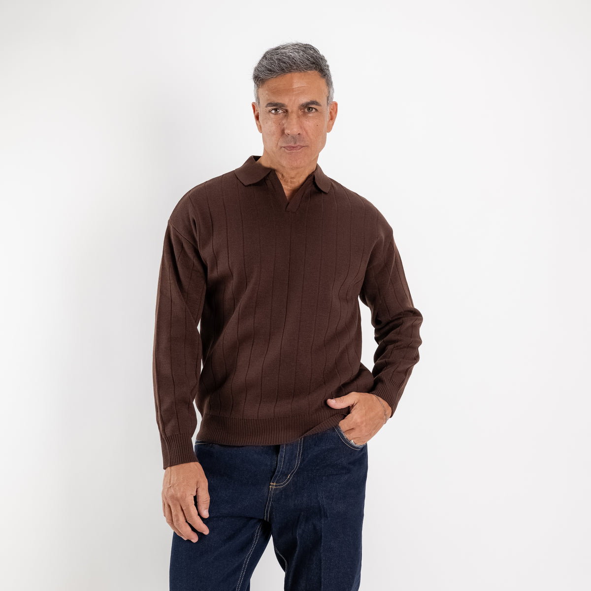 Polo de manga larga Derby - Marrón oscuro