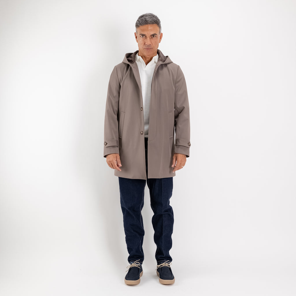 Trench monopetto con cappuccio - Fango
