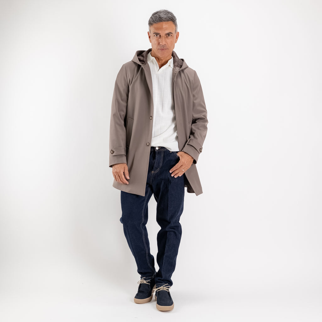 Trench monopetto con cappuccio - Fango