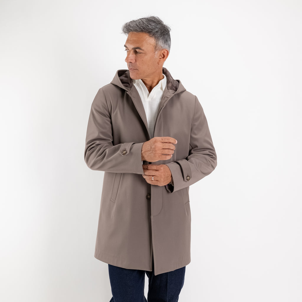 Trench monopetto con cappuccio - Fango