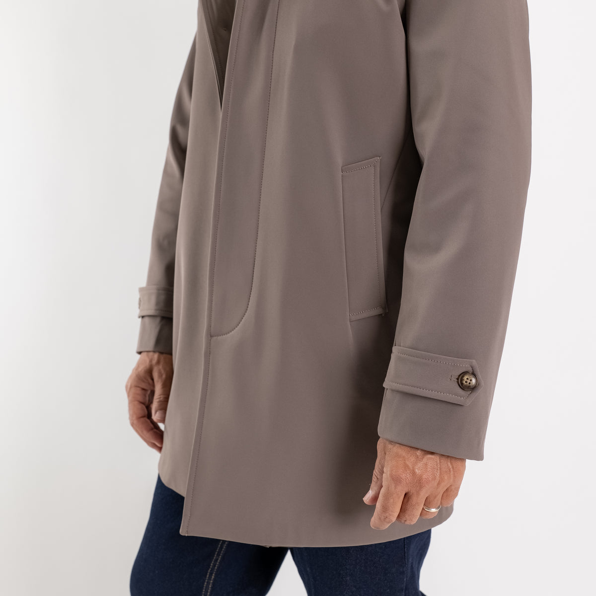 Trench monopetto con cappuccio - Fango
