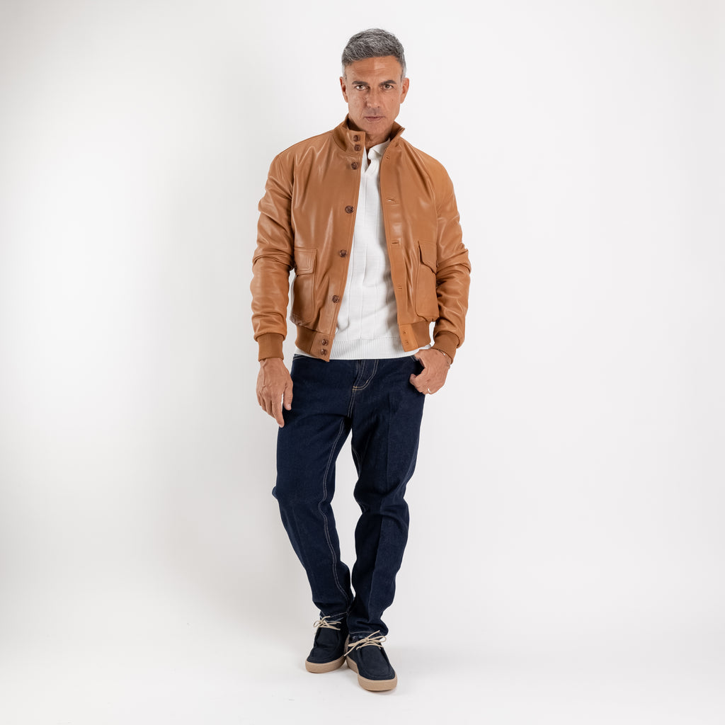 Bomber con bottoni in Vera Pelle - Caramello