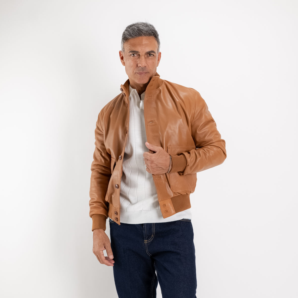 Bomber con bottoni in Vera Pelle - Caramello