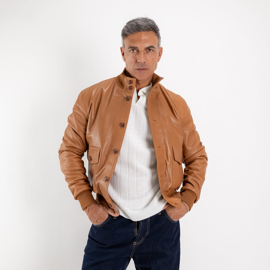 Bomber con bottoni in Vera Pelle - Caramello