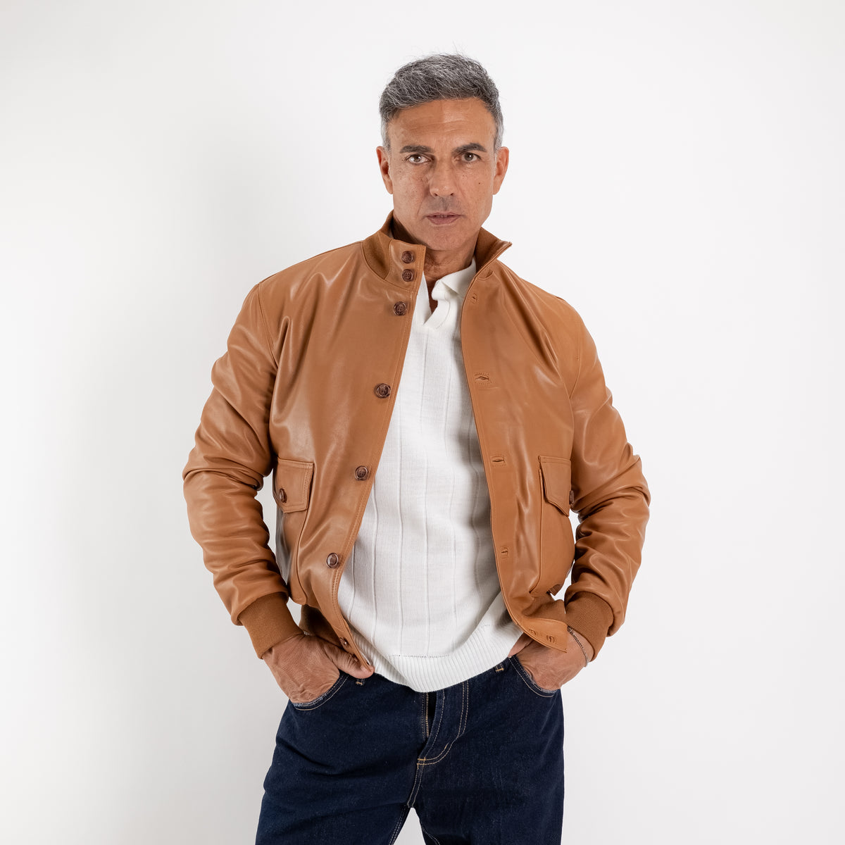 Bomber con bottoni in Vera Pelle - Caramello